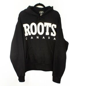Vintage 90s Roots Canada Classic Black White Logo Pullover Hoodie Sweatshirt
